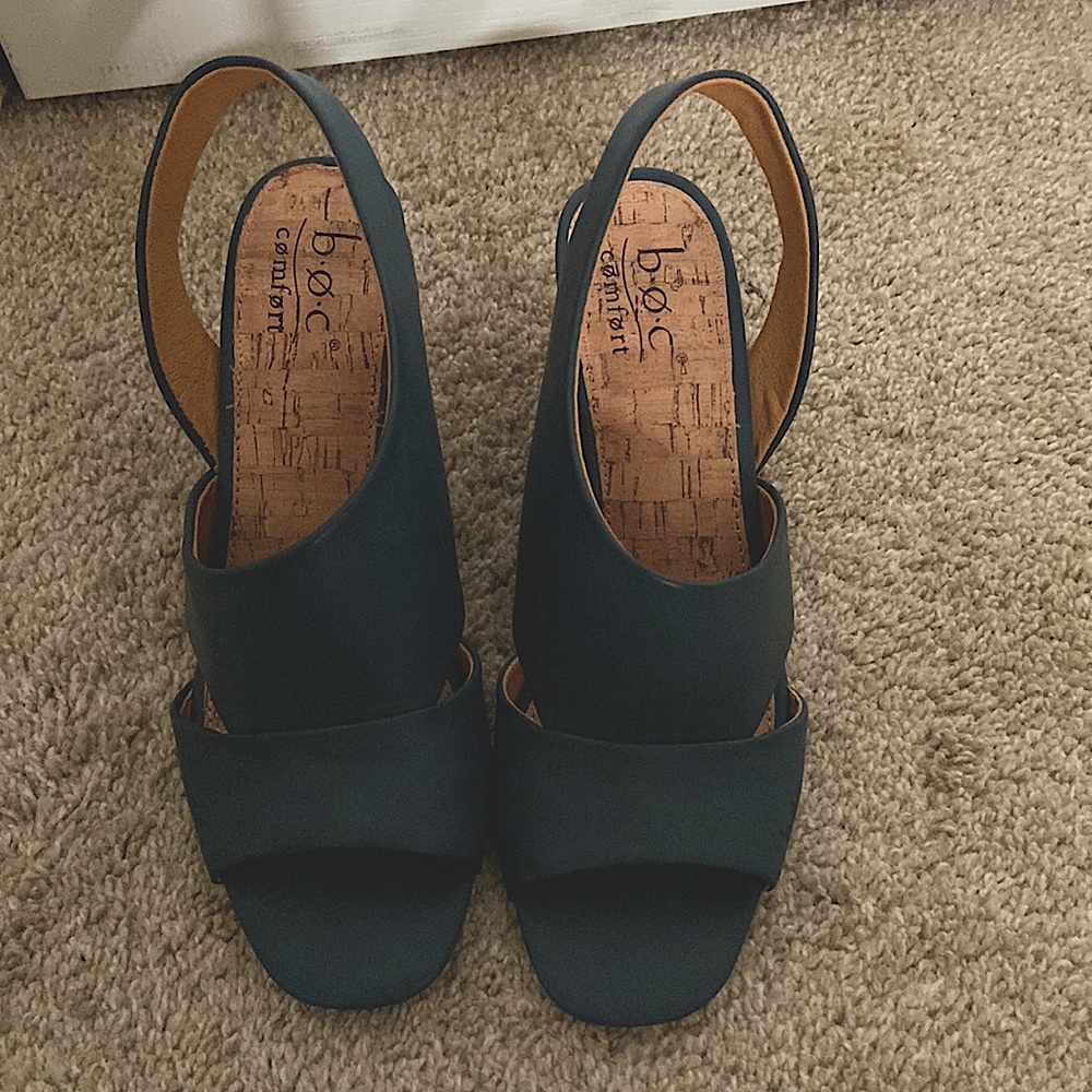 BOC  comfort cork heeled sandal. Teal blue slip on. Size 8 worn once